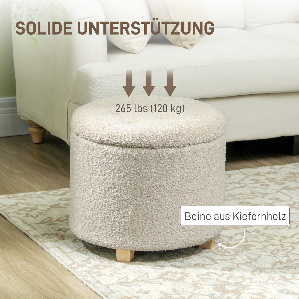 Runder Sitzhocker mit Stauraum und Holzbeinen