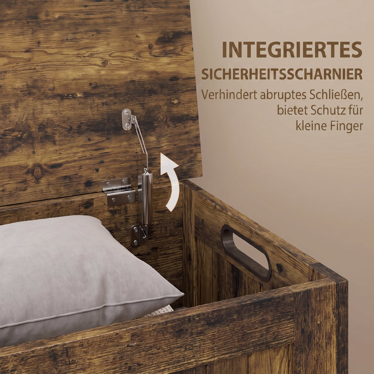 Aufbewahrungstruhe mit Klappdeckel und Sicherheits-Scharnier