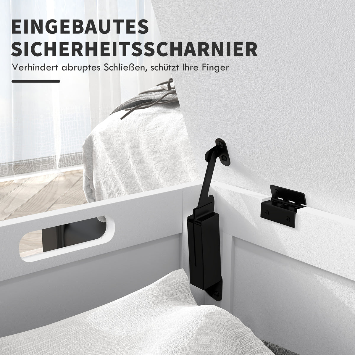Aufbewahrungstruhe mit Klappdeckel und Sicherheits-Scharnier