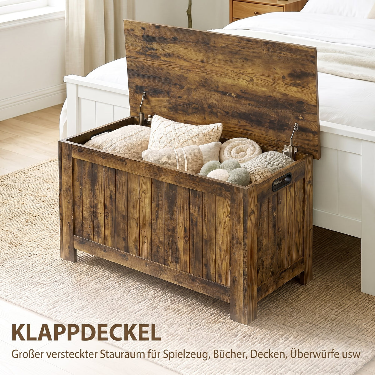 Aufbewahrungstruhe mit Klappdeckel und Sicherheits-Scharnier