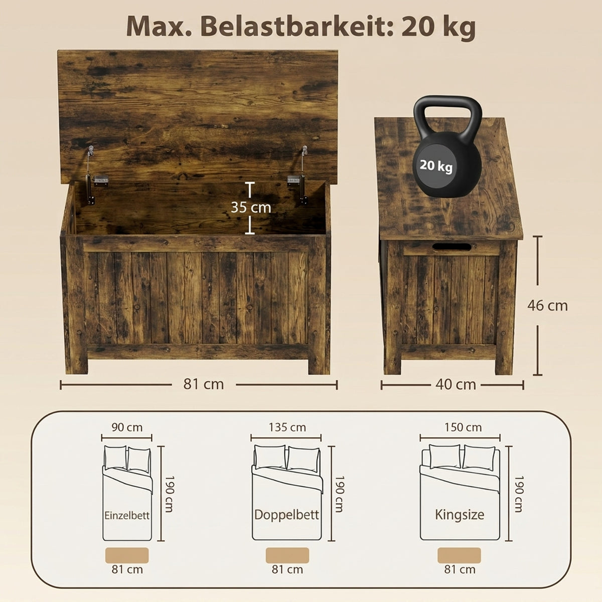 Aufbewahrungstruhe mit Klappdeckel und Sicherheits-Scharnier