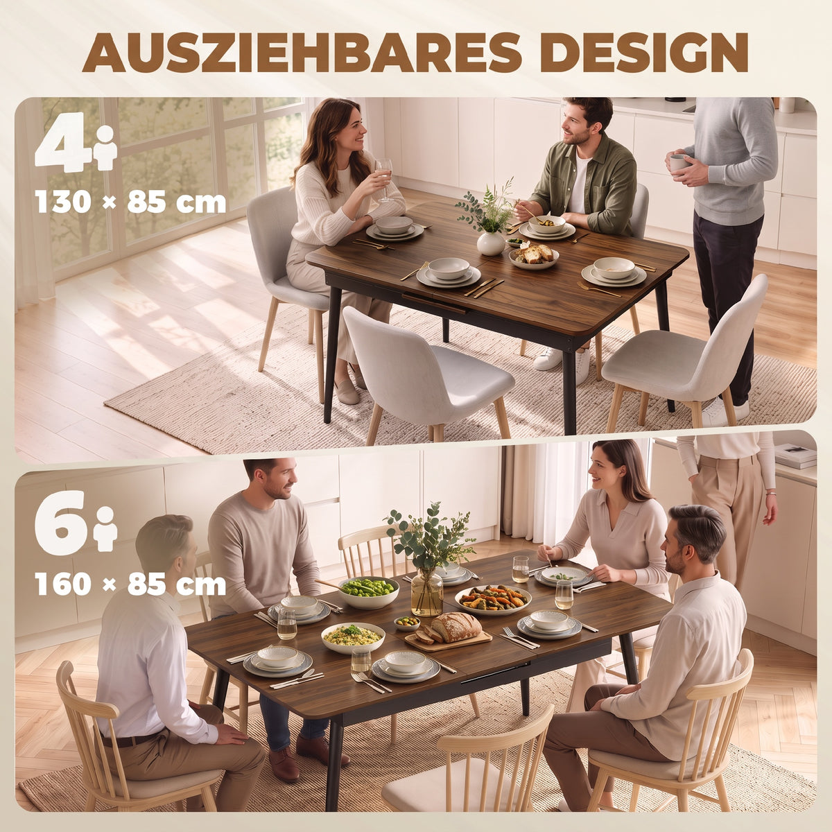 Ausziehbarer Esstisch 130–160 cm mit abgerundeten Ecken