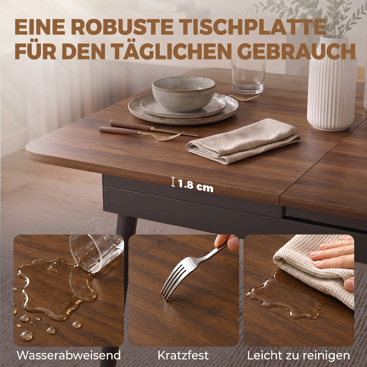 Ausziehbarer Esstisch 130–160 cm mit abgerundeten Ecken