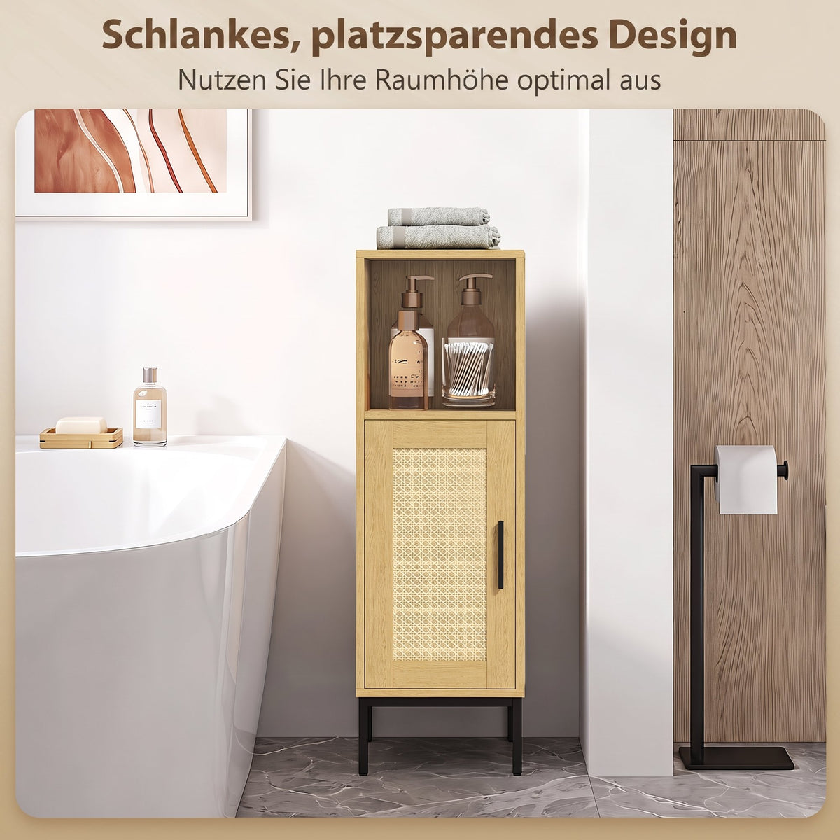 Schmaler Badezimmerschrank mit Rattantür