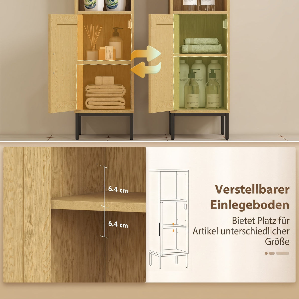 Schmaler Badezimmerschrank mit Rattantür
