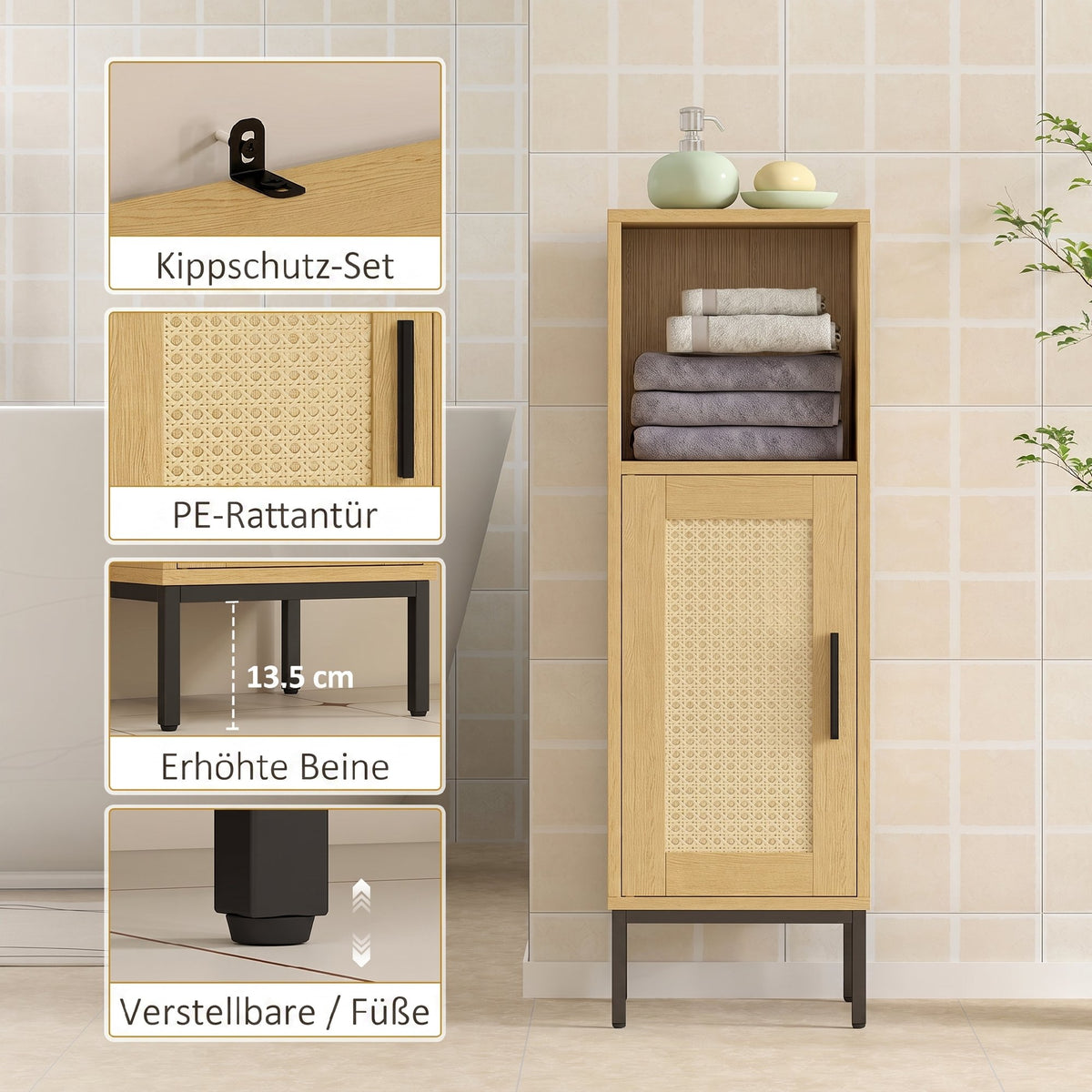 Schmaler Badezimmerschrank mit Rattantür