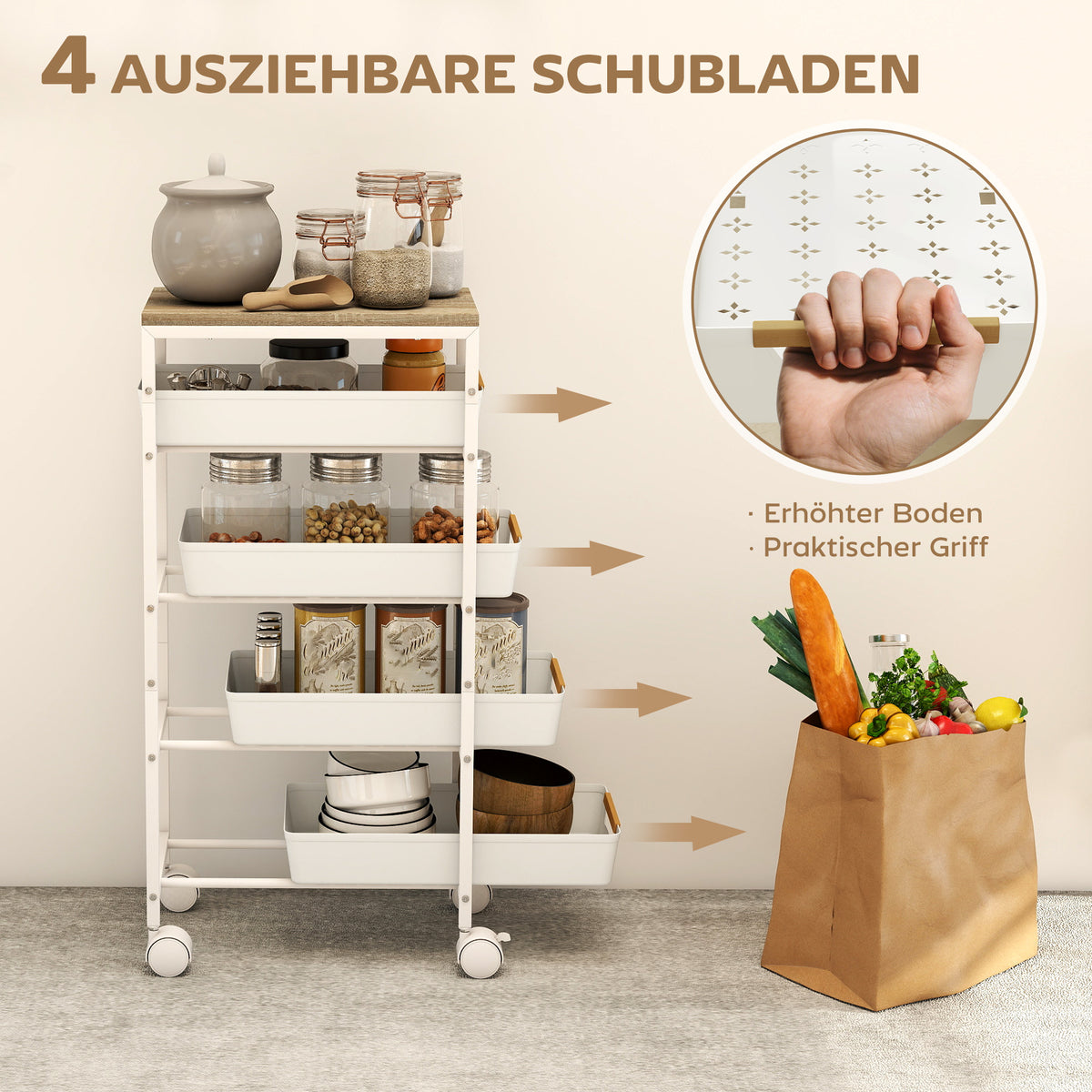 Küchenwagen mit vier Schubladen und Rollen
