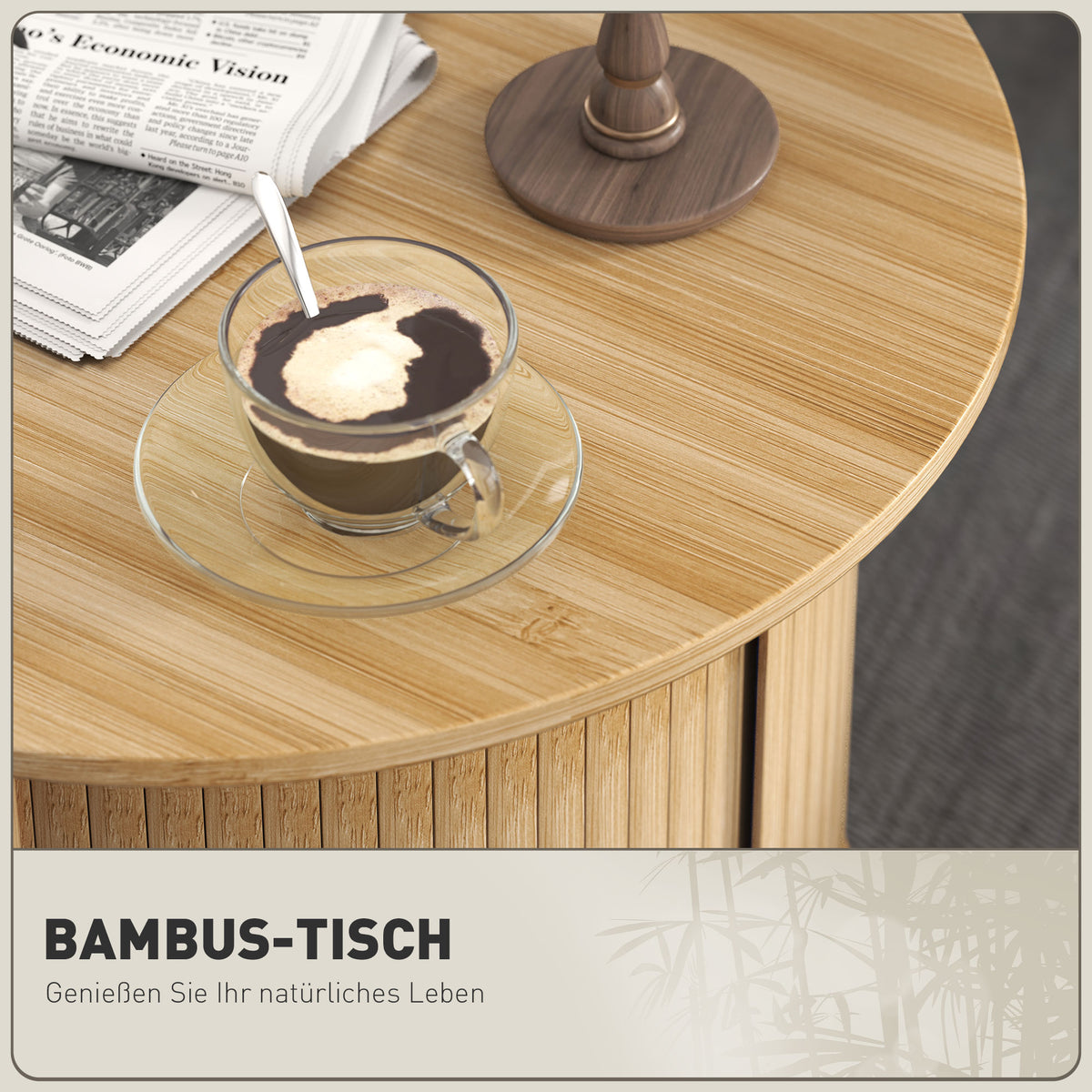 Runder Couchtisch aus Bambus mit Stauraum und Schiebetür