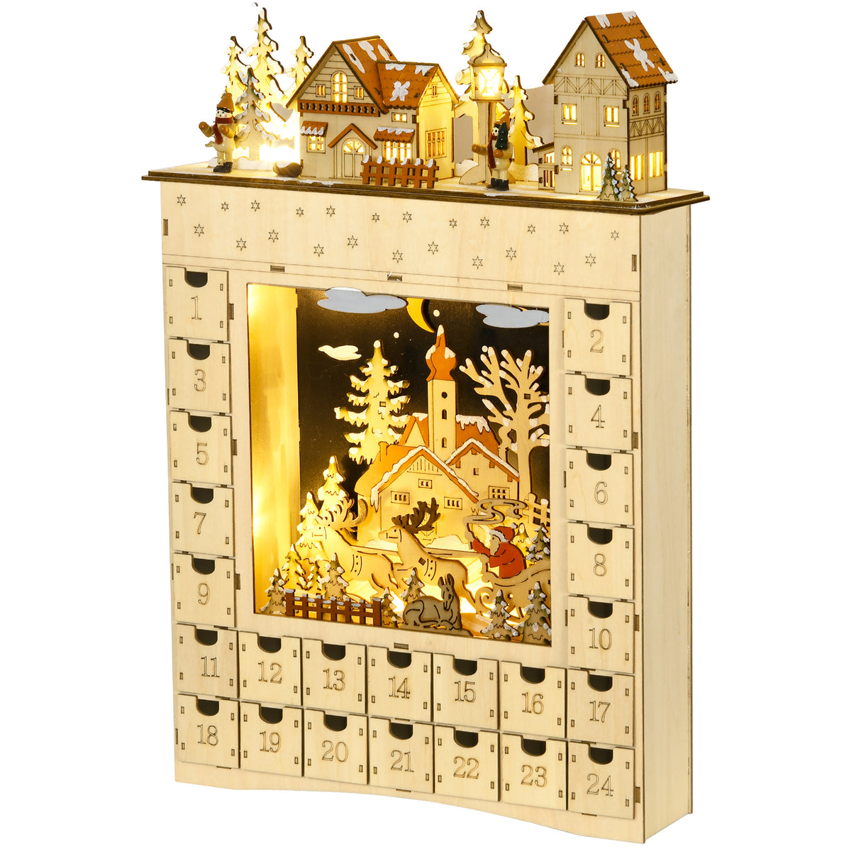 Adventskalender mit 24 Schubladen und LED-Beleuchtung