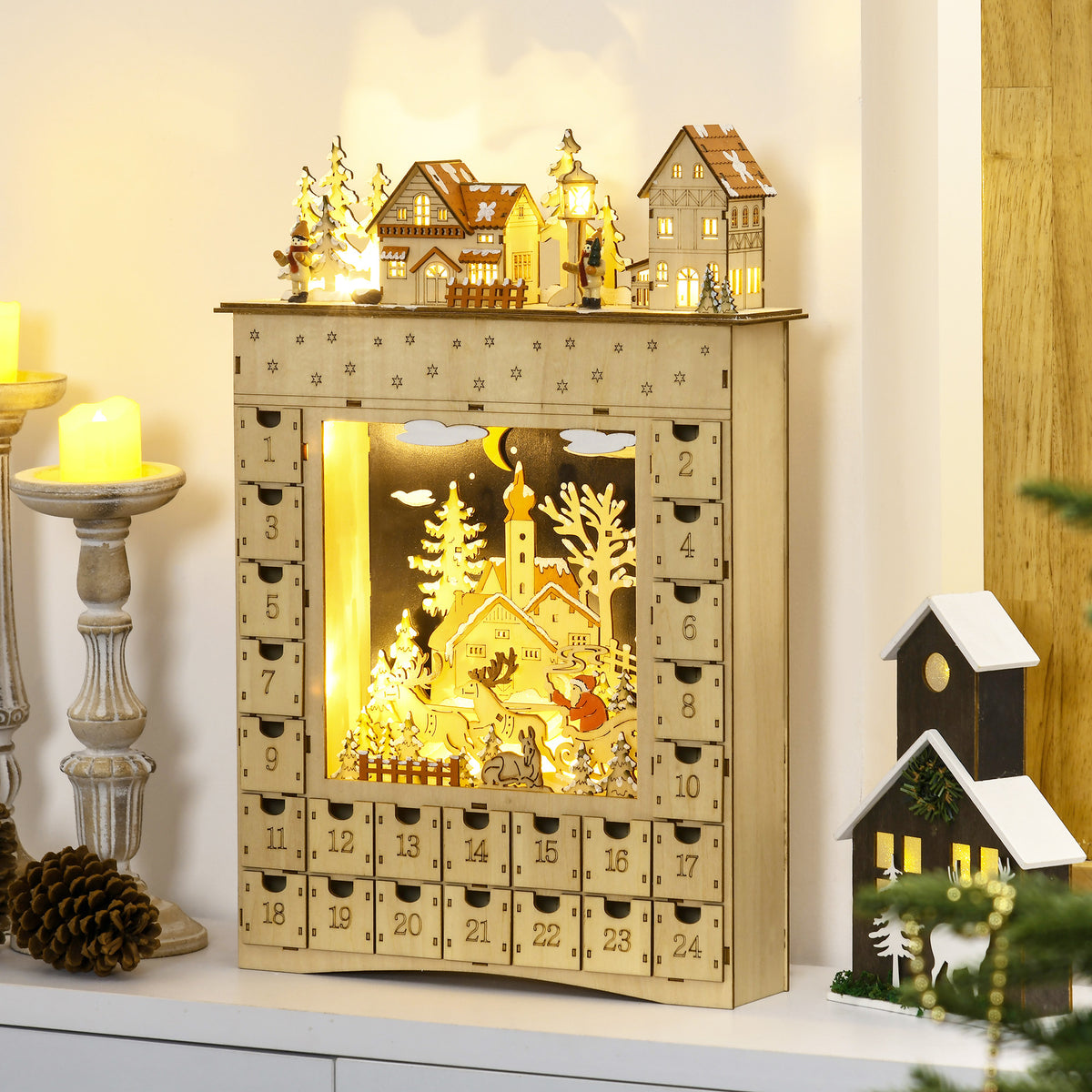 Adventskalender mit 24 Schubladen und LED-Beleuchtung