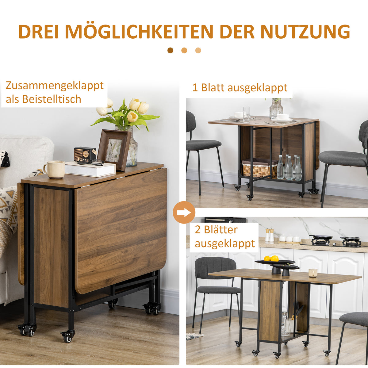 Mobiler Klapp-Esstisch mit Ablage und Rollen