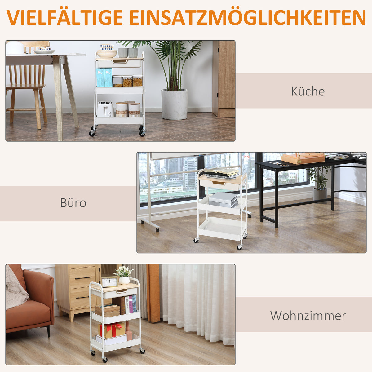 Küchenwagen mit Schublade und drei Körben