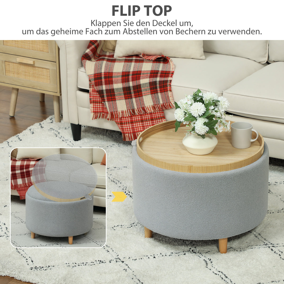 Polsterhocker mit Stauraum und Tablettdeckel