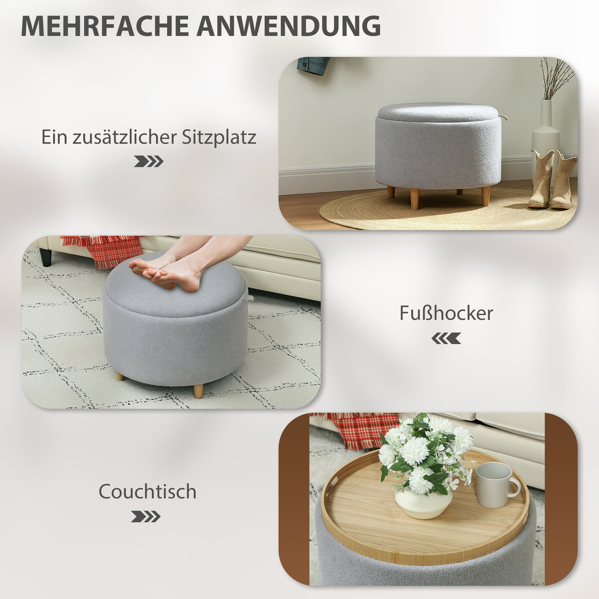 Polsterhocker mit Stauraum und Tablettdeckel