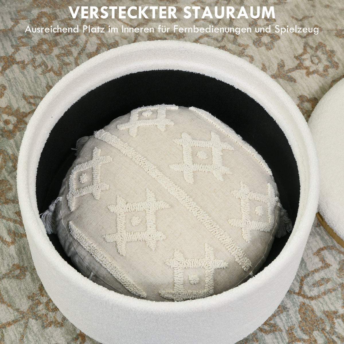Polsterhocker mit Stauraum und Tablettdeckel