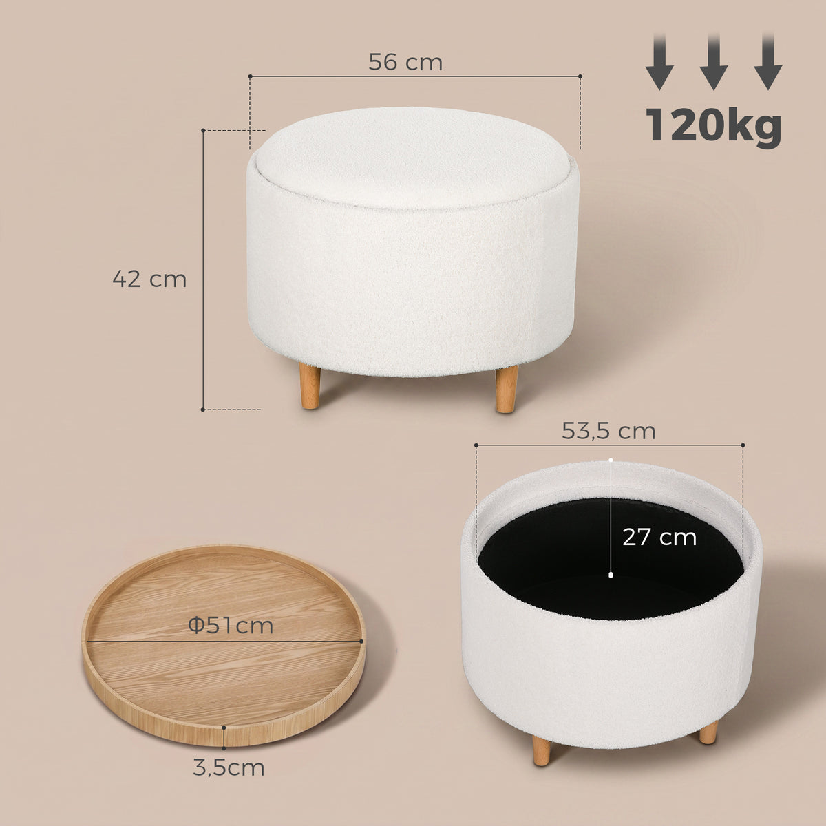 Polsterhocker mit Stauraum und Tablettdeckel