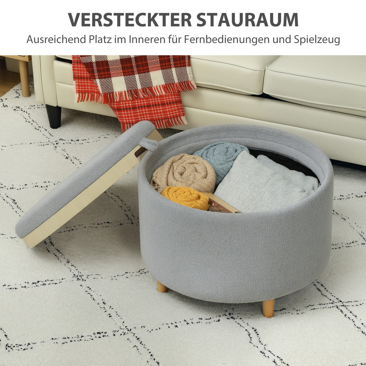 Polsterhocker mit Stauraum und Tablettdeckel