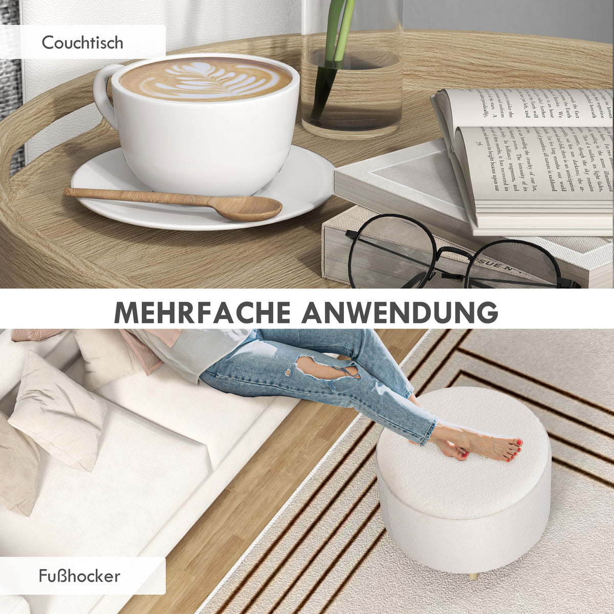 Polsterhocker mit Stauraum und Tablettdeckel