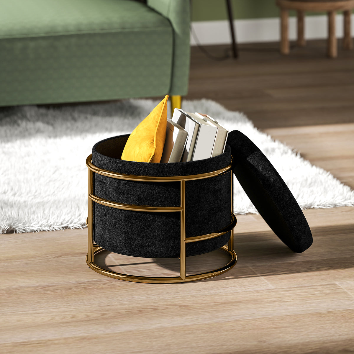 Runder Sitzhocker mit Stauraum und Metallgestell