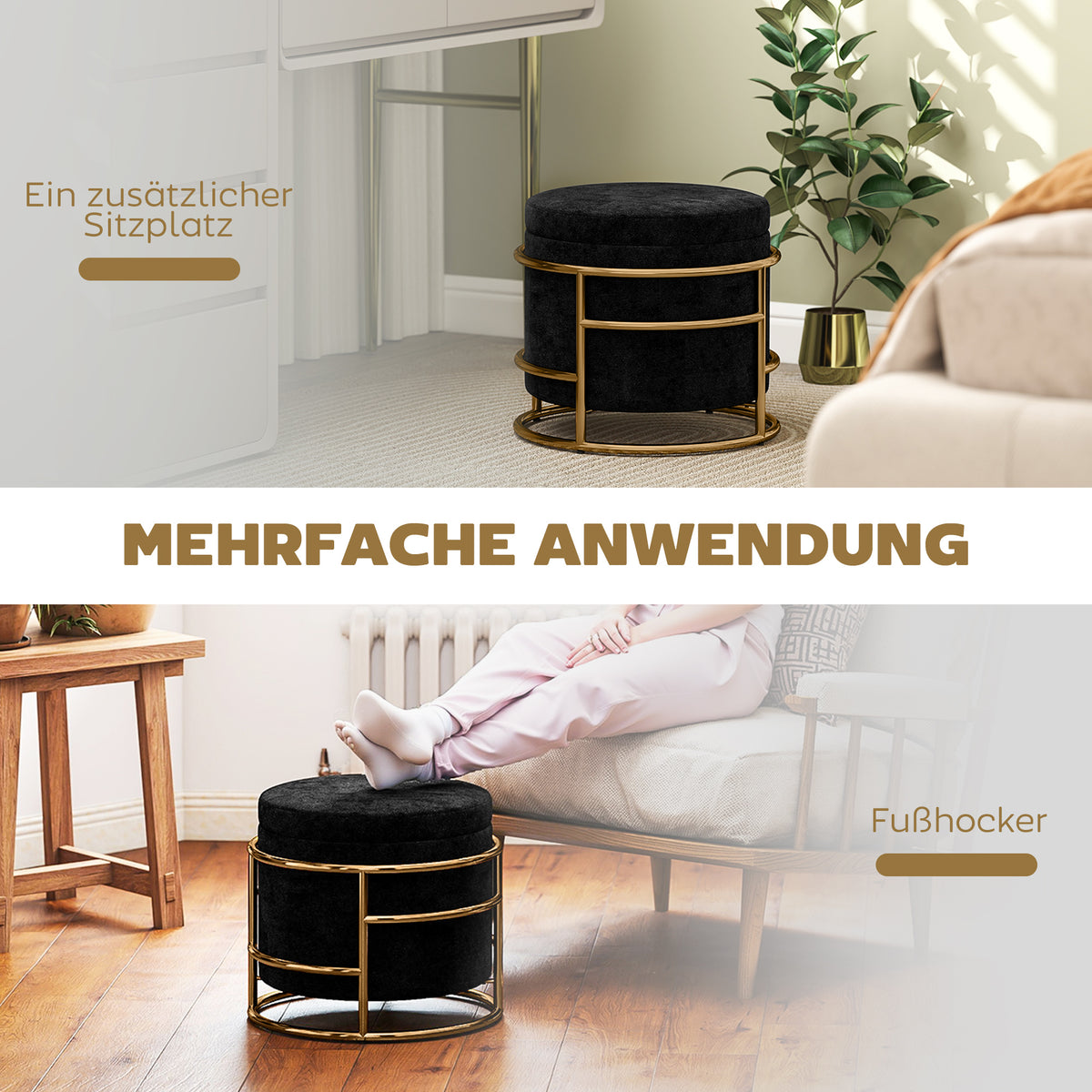 Runder Sitzhocker mit Stauraum und Metallgestell