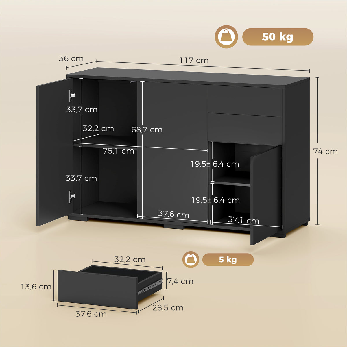 Sideboard mit zwei Schubladen und Push-Click