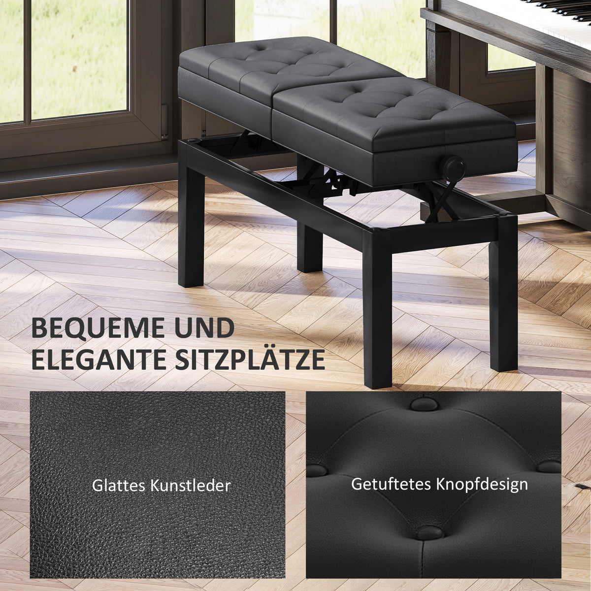 Klavierbank mit verstellbaren Doppelsitzen und Stauraum