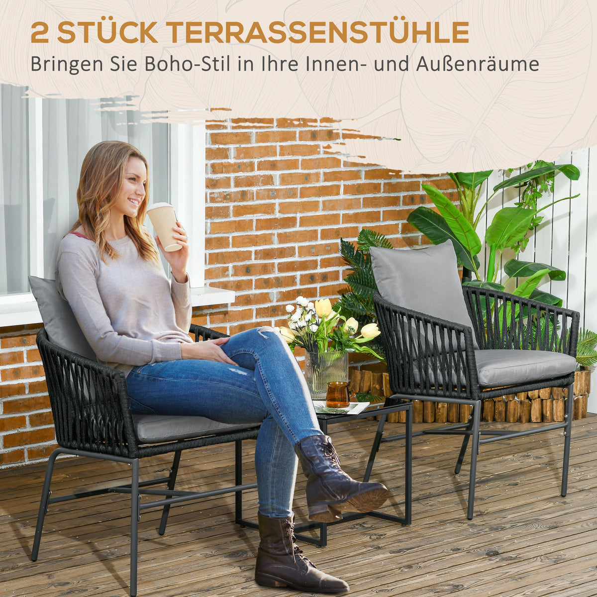 Gartenstühle 2er-Set im Boho-Stil mit Kissen