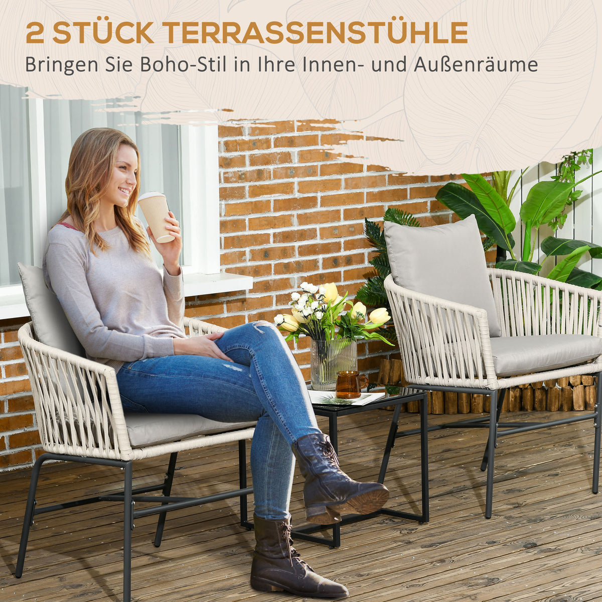 Gartenstühle 2er-Set im Boho-Stil mit Kissen