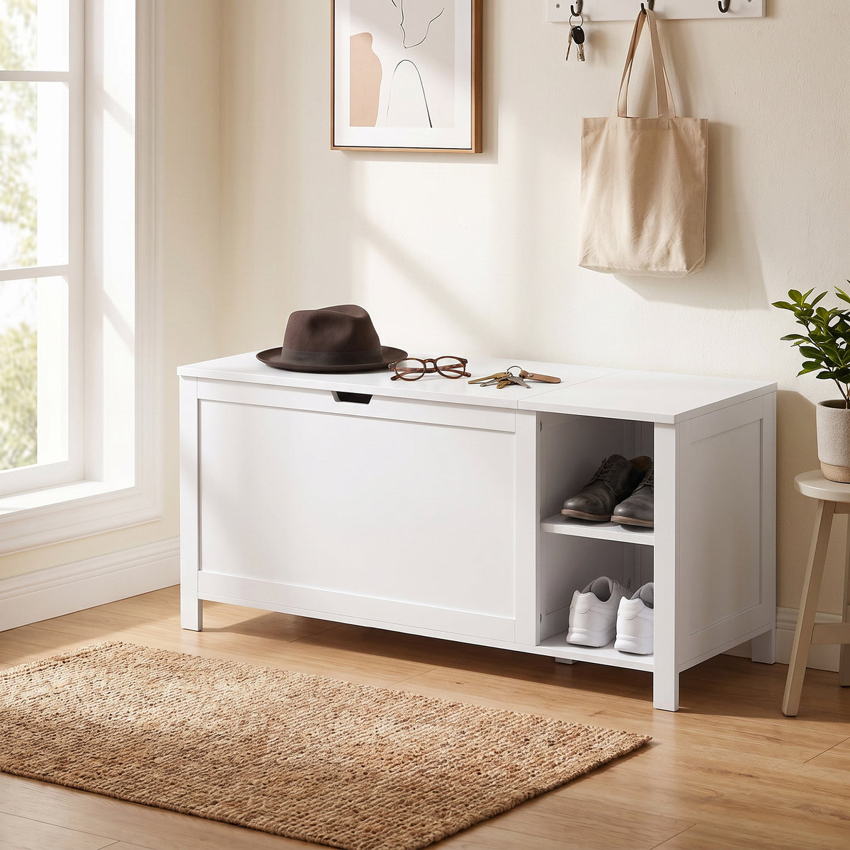 Schuhbank mit Sitzfläche, Klappfach und verstellbarem Boden