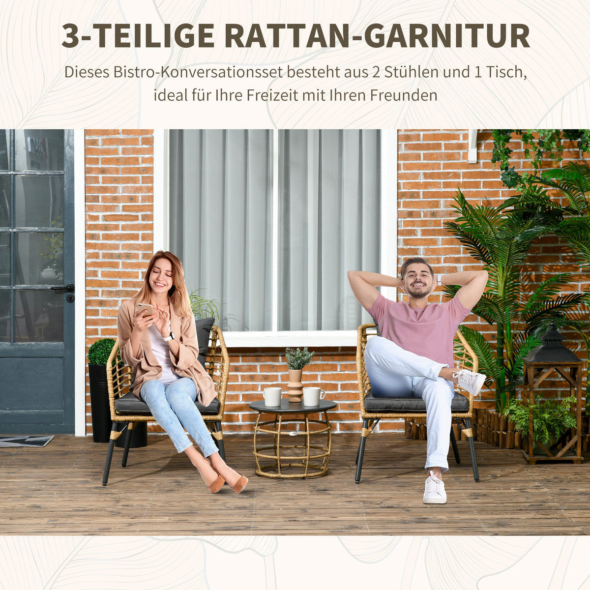 3-teiliges Bistro-Set mit 2 Stühlen und Kissen