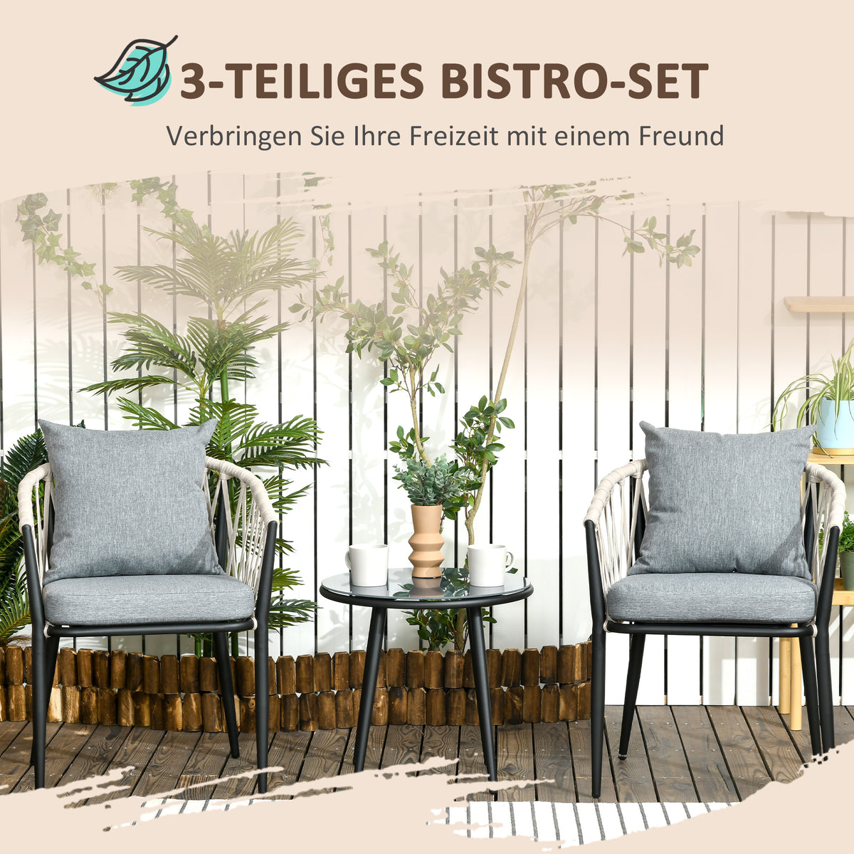 3-teiliges Bistro-Set mit 2 Stühlen und Kissen
