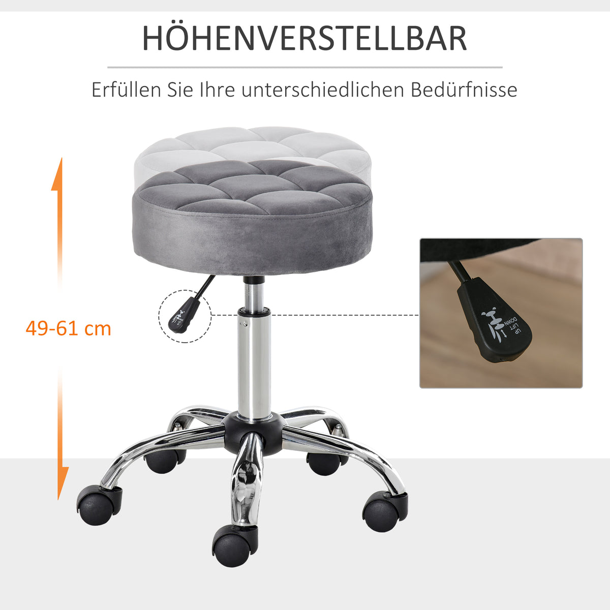 Höhenverstellbarer Rollhocker mit Drehfunktion