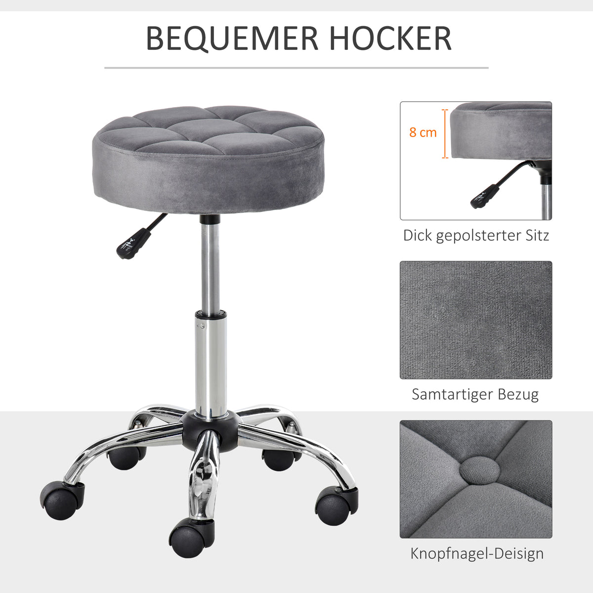 Höhenverstellbarer Rollhocker mit Drehfunktion