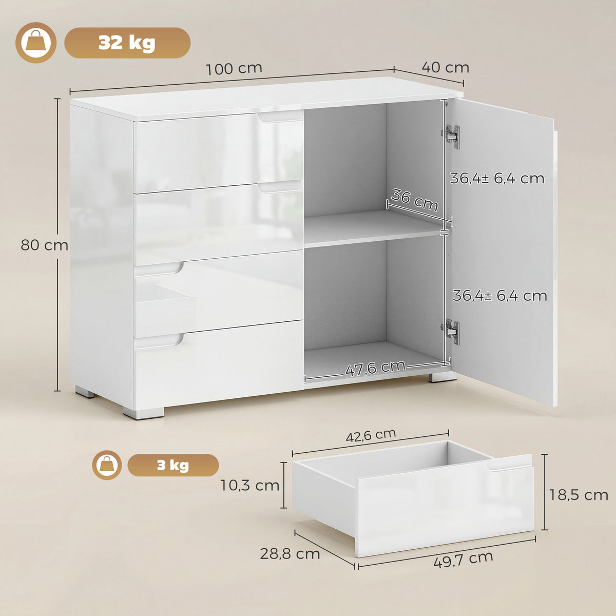 Sideboard mit 4 Schubladen und verstellbarem Einlegeboden