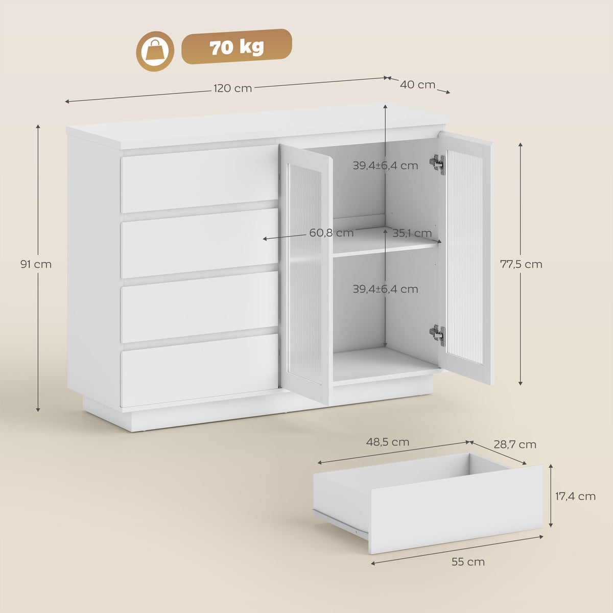 Sideboard mit 4 Schubladen und Glastüren
