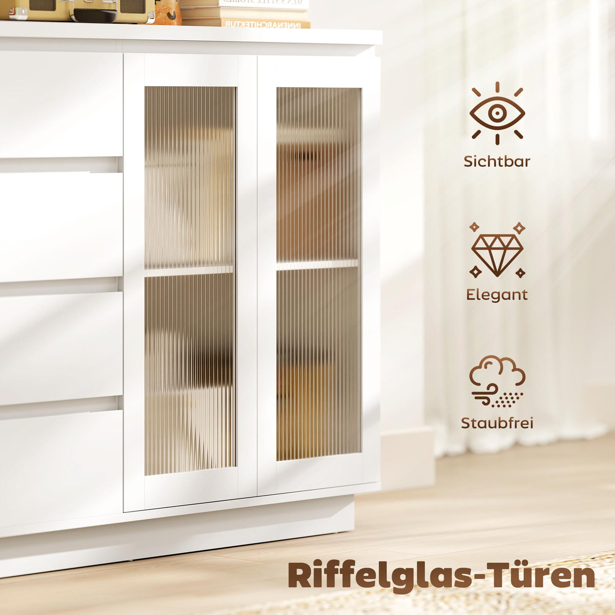 Sideboard mit 4 Schubladen und Glastüren