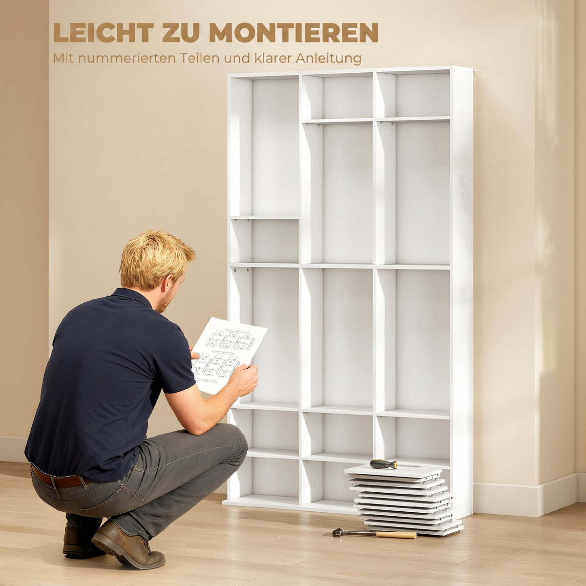 Medienregal mit 27 Fächern und verstellbaren Böden