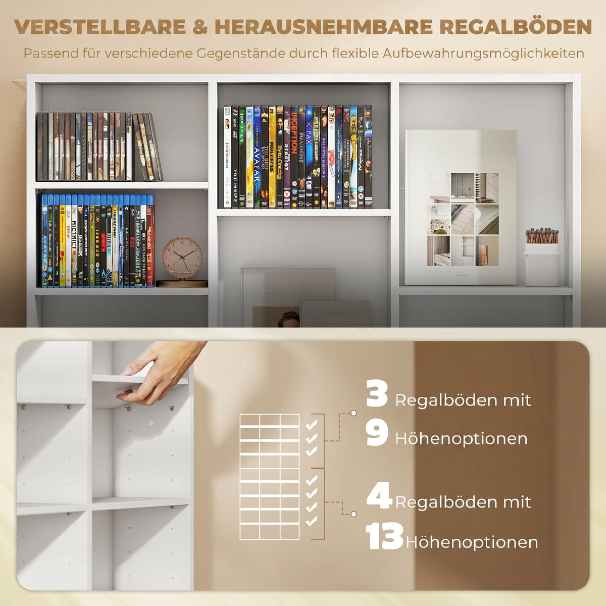 Medienregal mit 27 Fächern und verstellbaren Böden