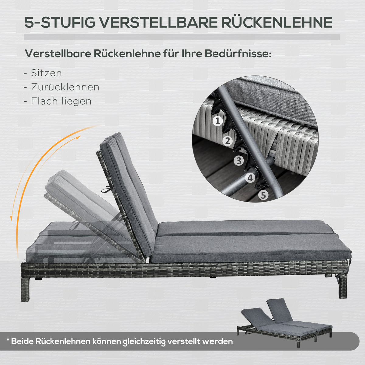 Polyrattan-Doppelliege mit 5-fach verstellbarer Rückenlehne