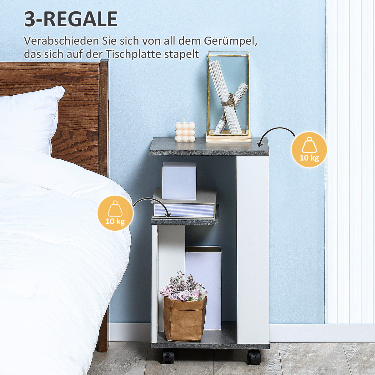 Mobiler Nachttisch mit drei Ablagen und Rollen