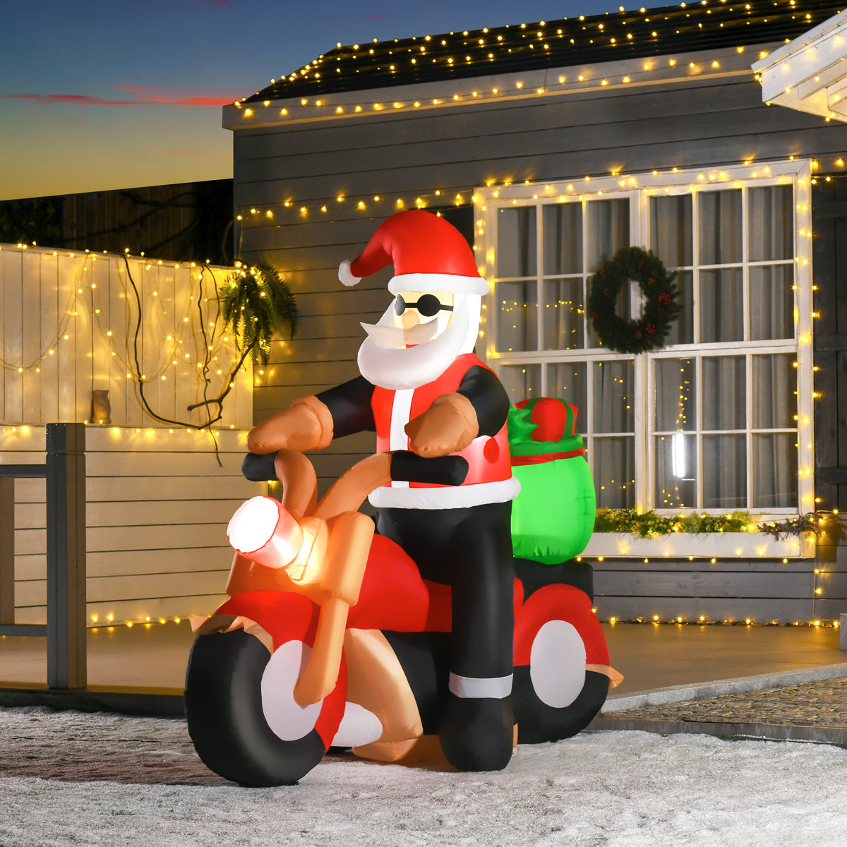 Aufblasbarer Weihnachtsmann auf Motorrad mit LED-Beleuchtung