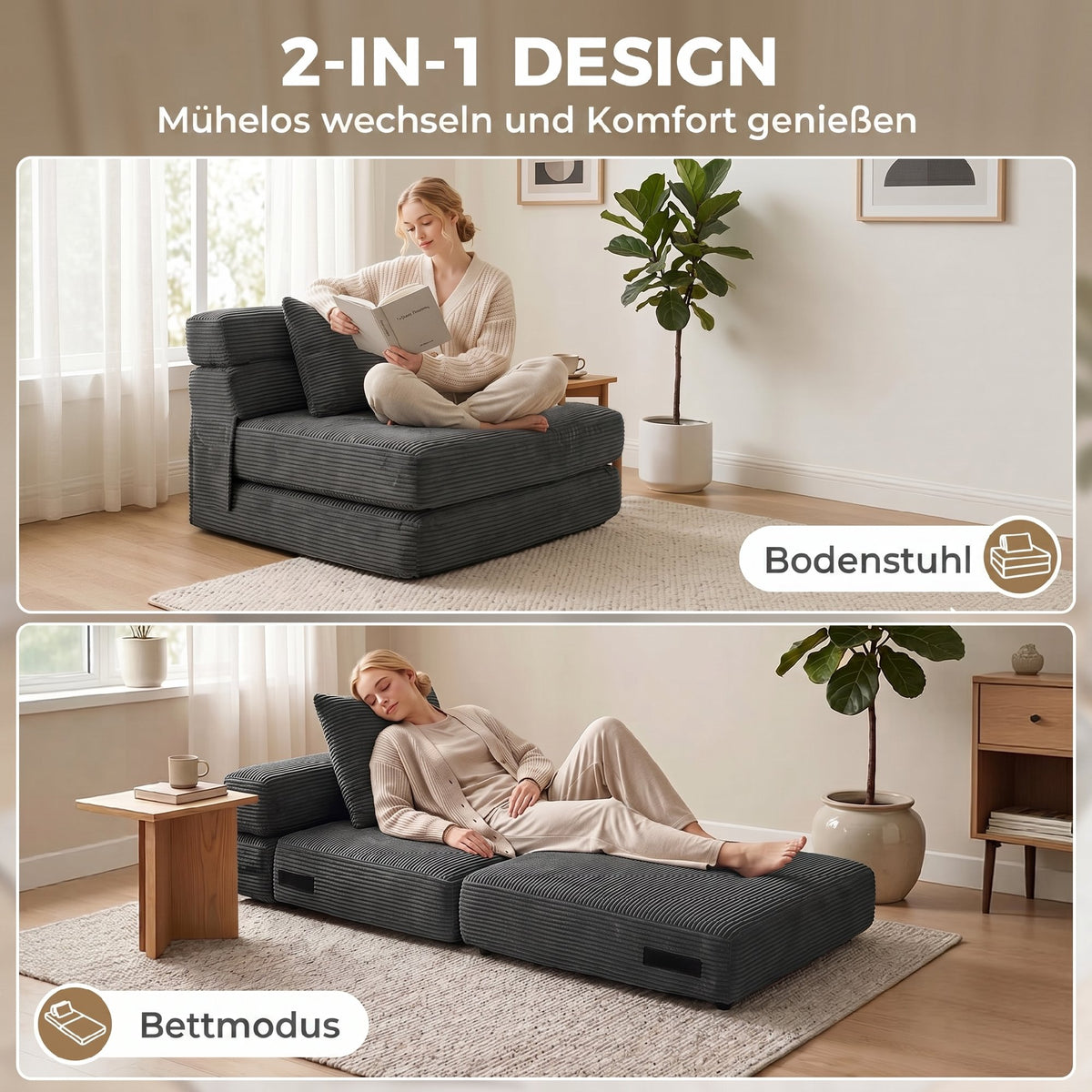Klappbarer Bodensessel mit Cordoptik und Lendenkissen