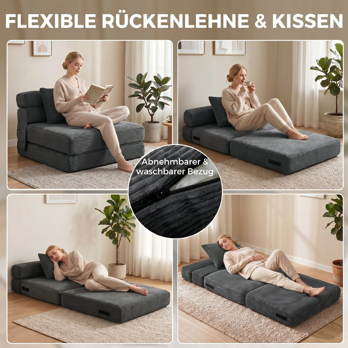 Klappbarer Bodensessel mit Cordoptik und Lendenkissen