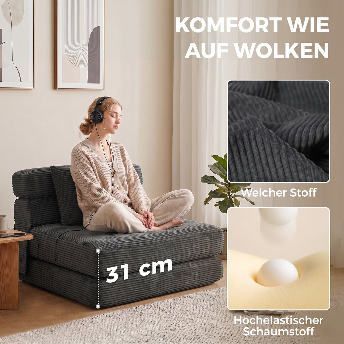 Klappbarer Bodensessel mit Cordoptik und Lendenkissen