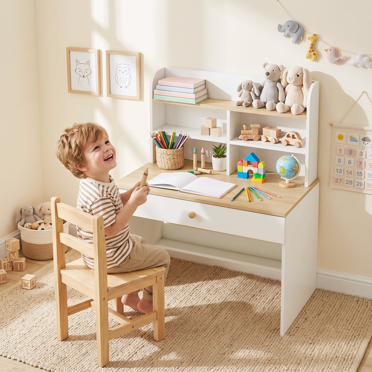 Kinderschreibtisch mit Regal und Schublade Weiß Holzoptik