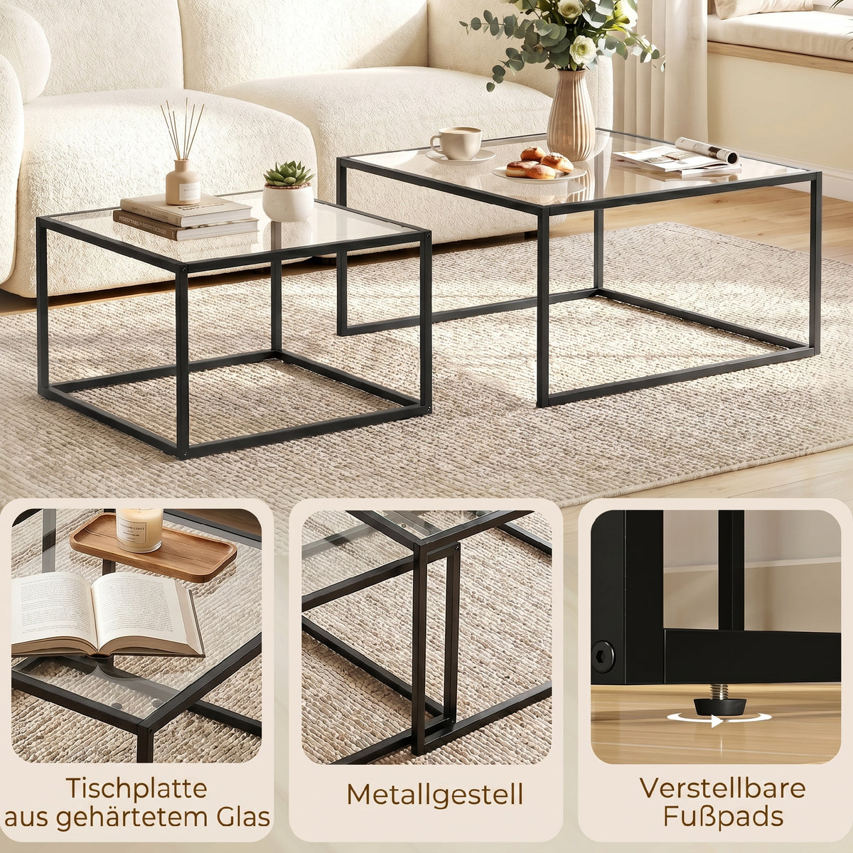 Couchtisch-Set 2-teilig mit Glasplatten