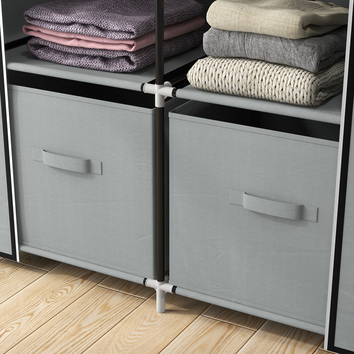 Stoffkleiderschrank mit Fächern und Kleiderstange