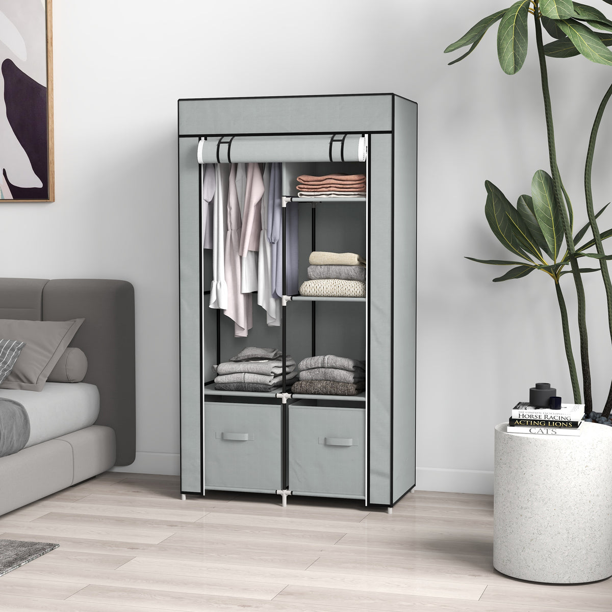 Stoffkleiderschrank mit Fächern und Kleiderstange