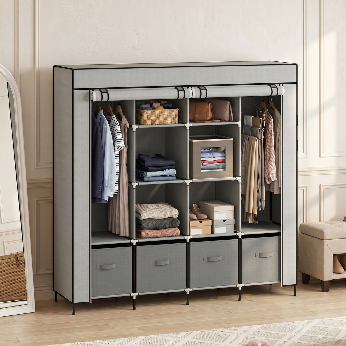 Stoffkleiderschrank mit Fächern und Kleiderstange