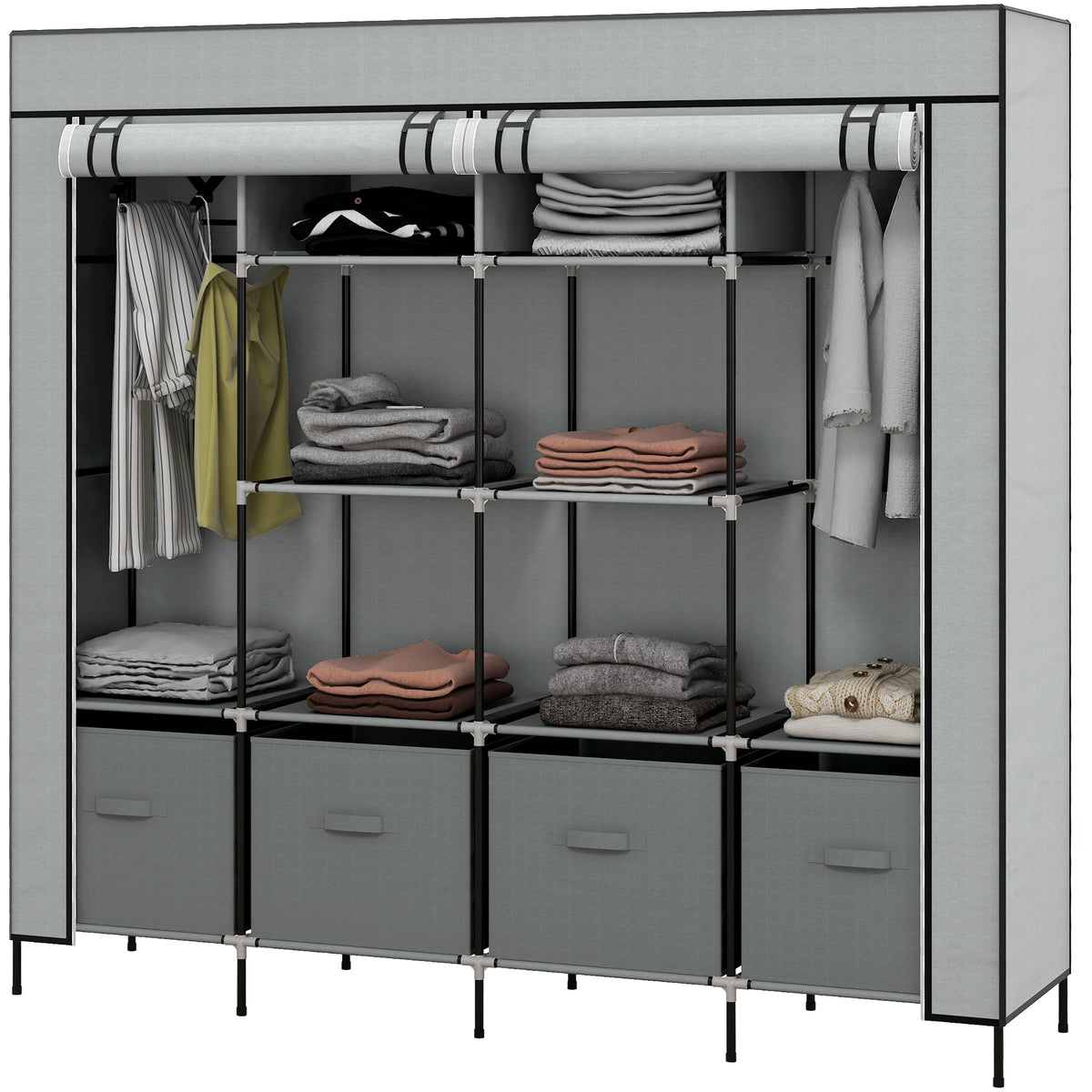 Stoffkleiderschrank mit Fächern und Kleiderstange